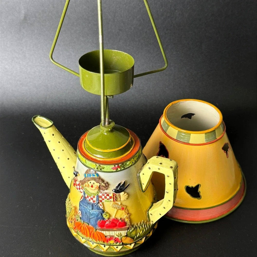 Vintage Harvest Scarecrow Teapot Tealight Candle Holder Ceramic Fall Decor Shade